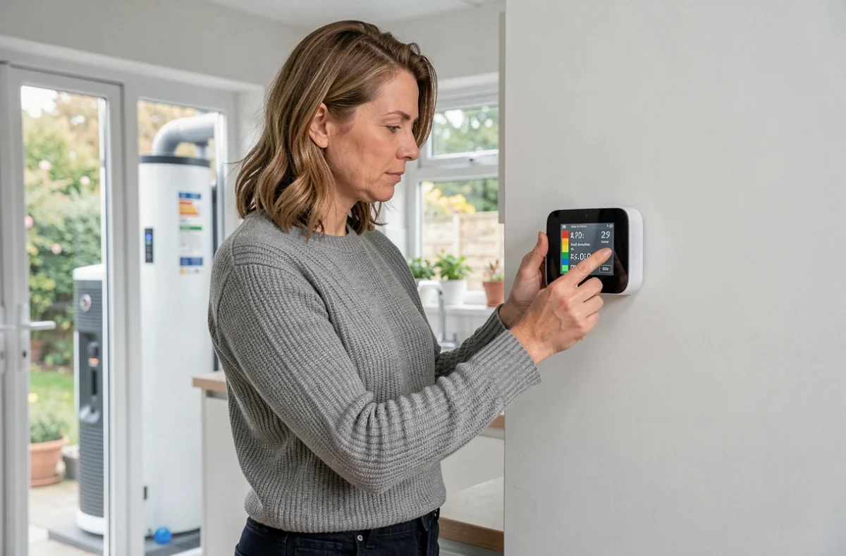 Propriétaire réglant un thermostat connecté dans une cuisine moderne pour optimiser la performance énergétique de sa maison