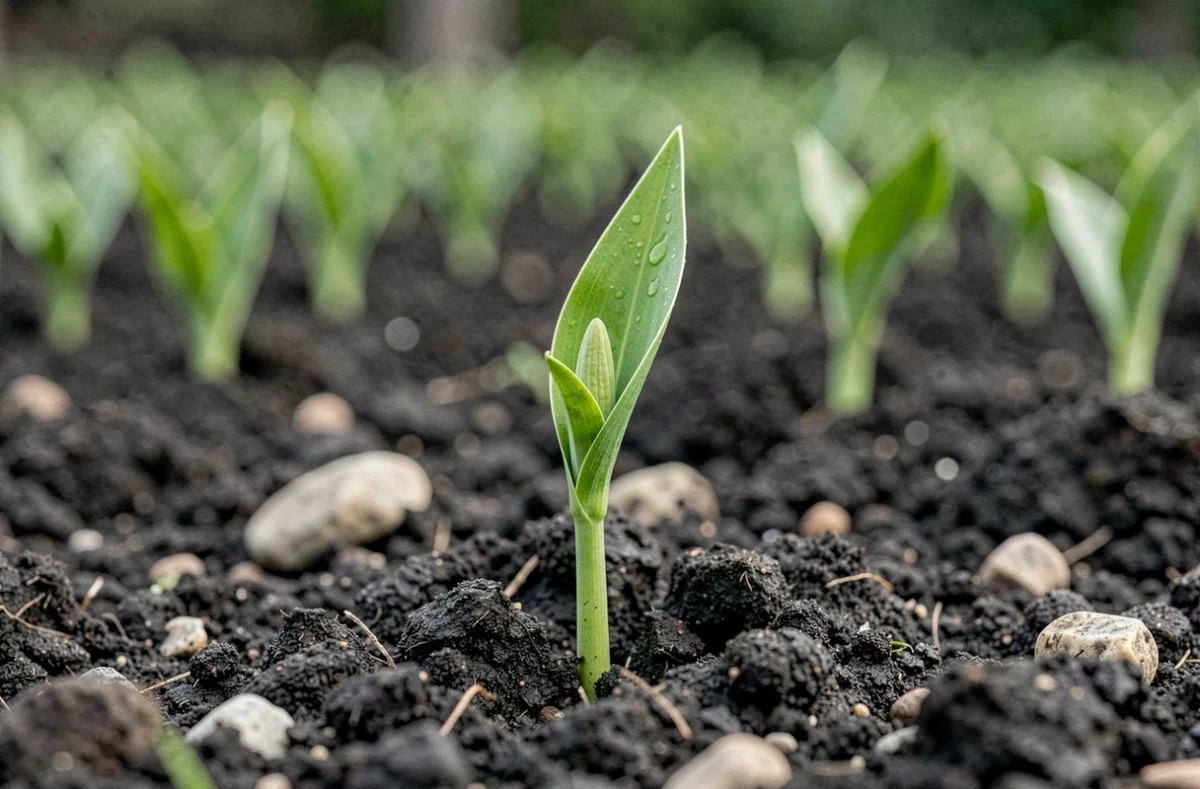 Jeune tige de lys qui pousse dans la terre d'un jardin, premier stade de croissance