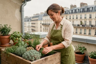 Femme jardinant sur un toit végétalisé en milieu urbain avec des plantes aromatiques et des sedums dans des jardinières en bois