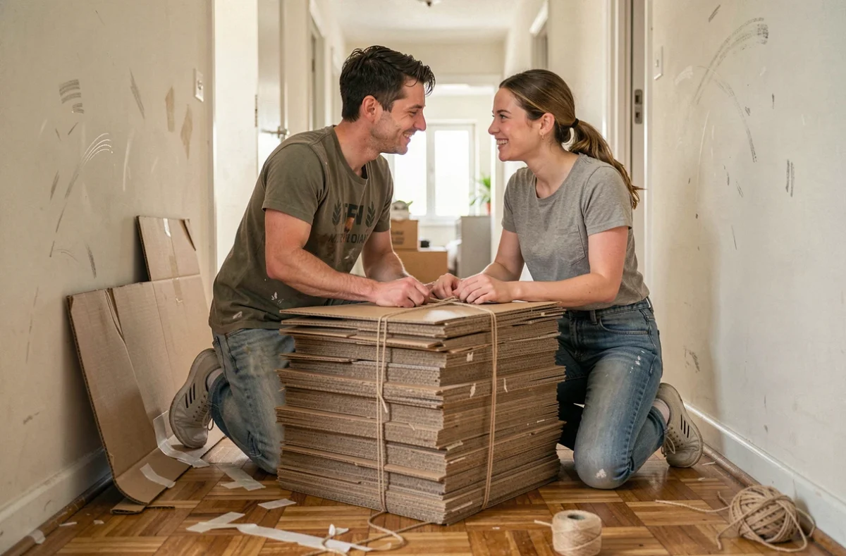 Couple qui trie et ficelle des cartons de déménagement aplatis dans un couloir d'appartement