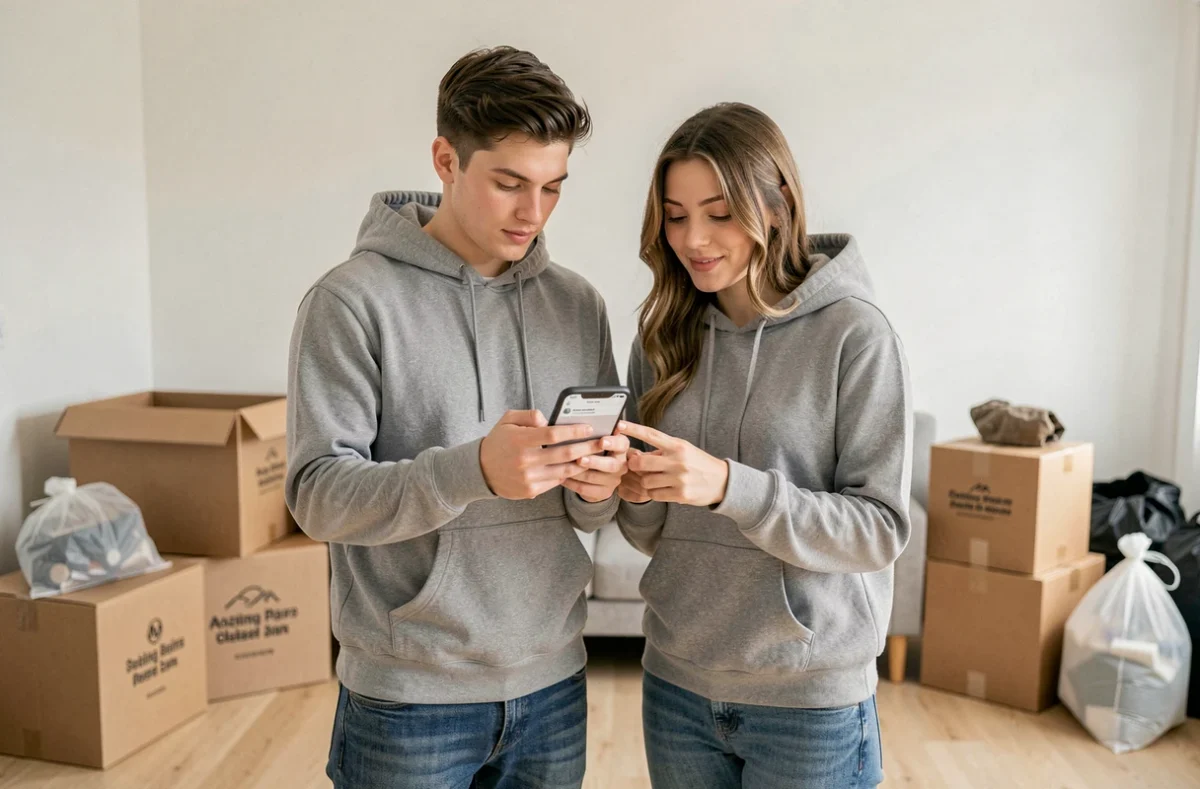Couple cherchant des cartons gratuits en ligne pour un déménagement