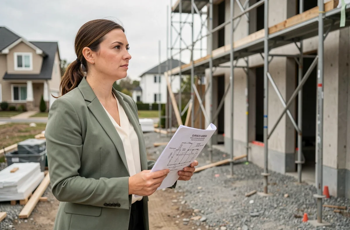 Urbaniste consultant un document de surface habitable devant un chantier de construction résidentielle