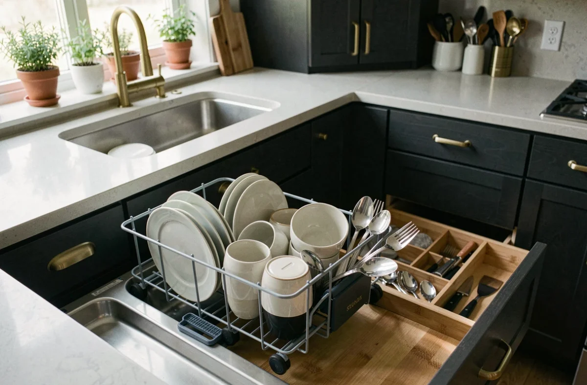 Lave-vaisselle ouvert avec vaisselle propre prête à être rangée dans une cuisine équipée moderne