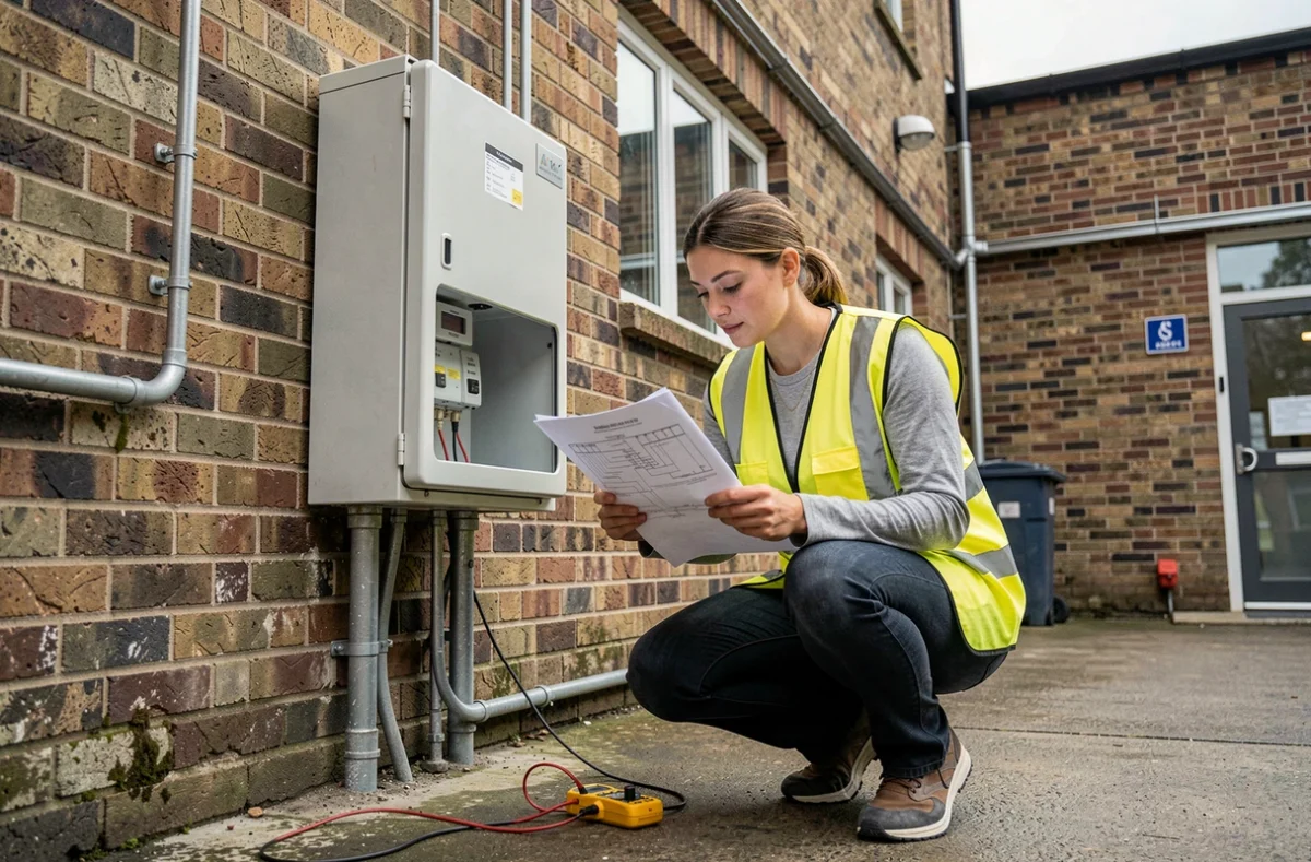 Électricienne vérifiant la mise à la terre d'un boîtier électrique extérieur avec un multimètre et un schéma de câblage sur un chantier commercial