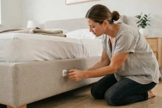 Femme verrouillant un lit coffre en tissu beige avec une clé dans une chambre au style scandinave
