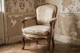 Vieux fauteuil Louis XVI en bois sculpté avec tapisserie ivoire usée dans un appartement parisien au parquet en chevrons