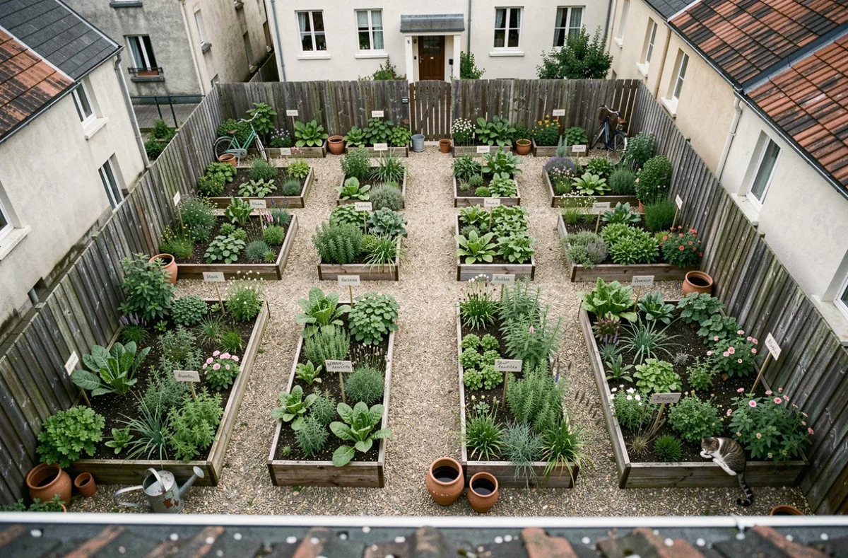 Vue aérienne d'un jardin partagé en quartier résidentiel avec des carrés potagers en bois, des allées en gravier et des touches personnelles propres à chaque voisin