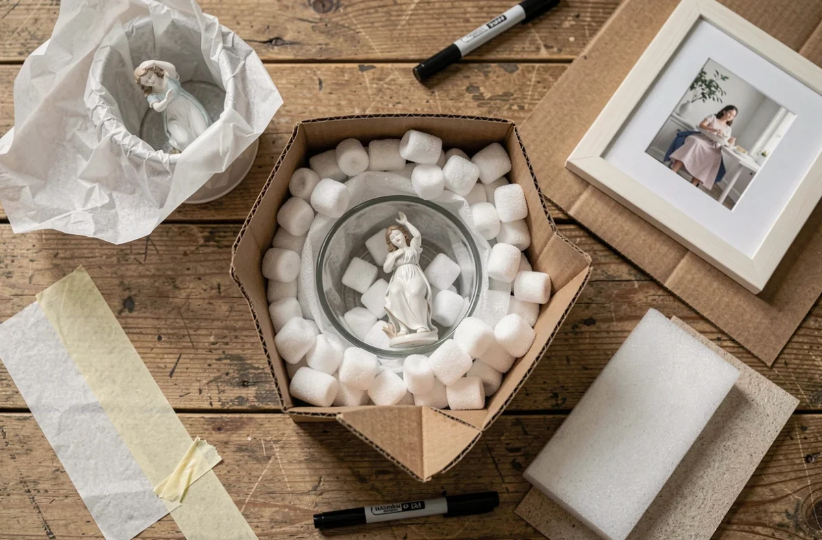Vue aérienne d'objets fragiles emballés dans du papier de soie, mousse et cacahuètes d'emballage sur une table en bois