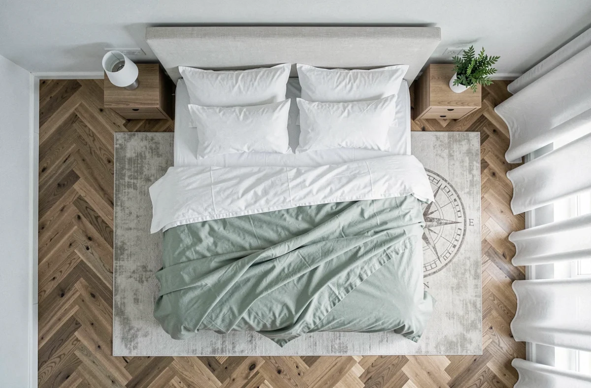 Vue aérienne d'une chambre montrant l'orientation idéale de la tête de lit contre le mur