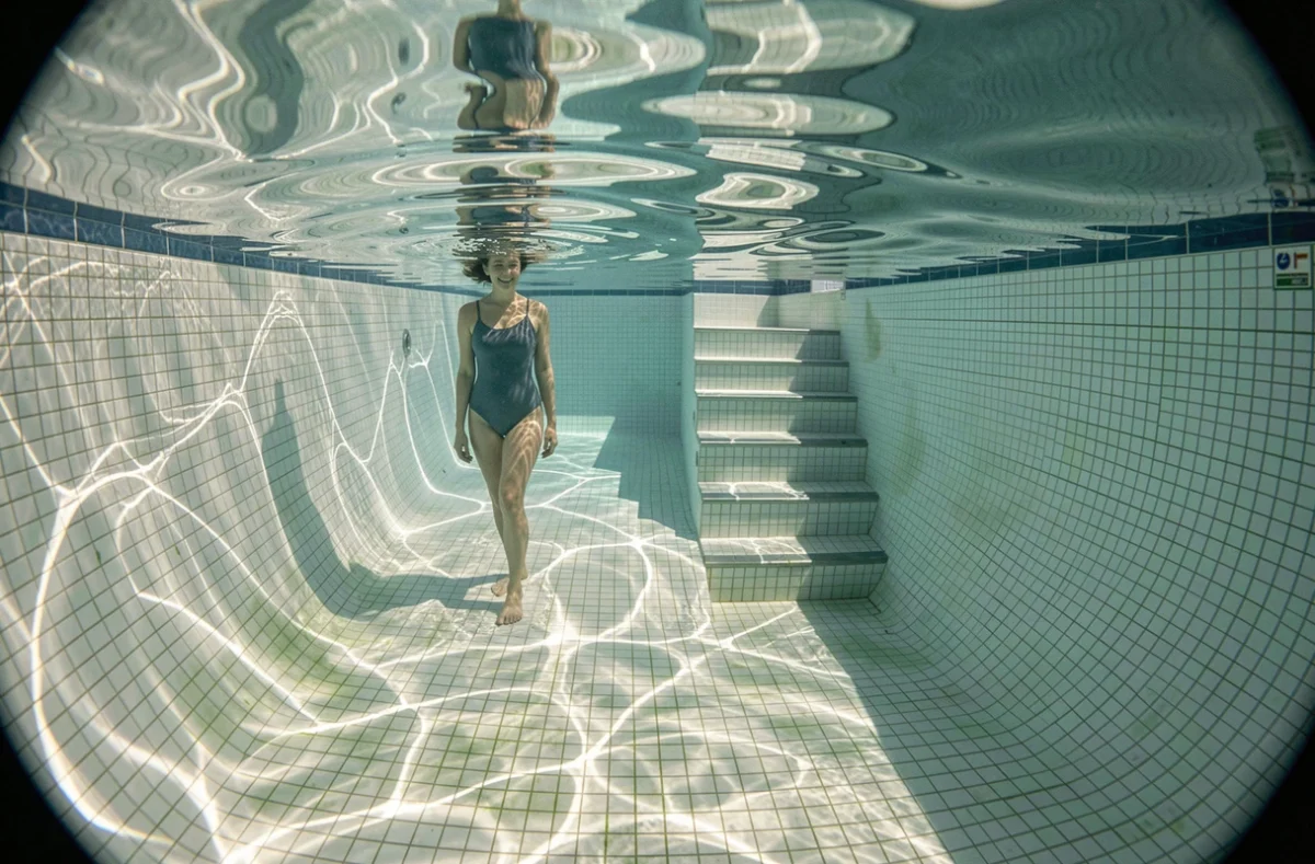 Vue sous-marine montrant la pente progressive du fond d'une piscine vers la zone peu profonde